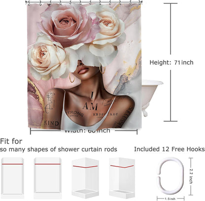 African American Flower Rose Bathroom Shower Curtain 60W by 71H Inch Sexy Pink Black Girl Woman Marble Inspirational Motivational Positive Polyester 12 Plastic Hooks Waterproof Decor