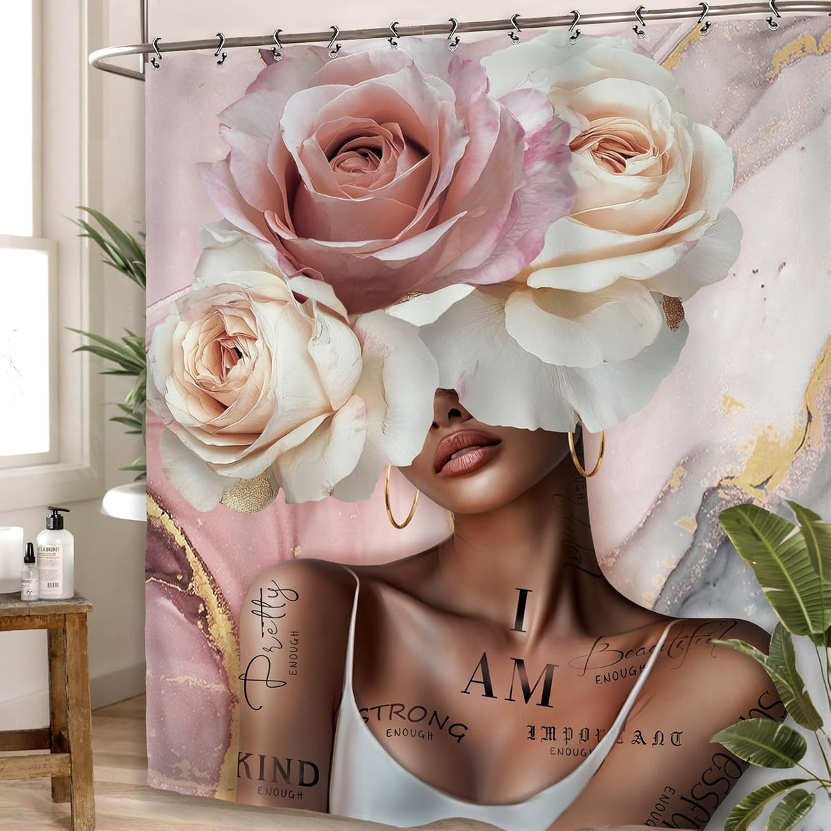 African American Flower Rose Bathroom Shower Curtain 60W by 71H Inch Sexy Pink Black Girl Woman Marble Inspirational Motivational Positive Polyester 12 Plastic Hooks Waterproof Decor