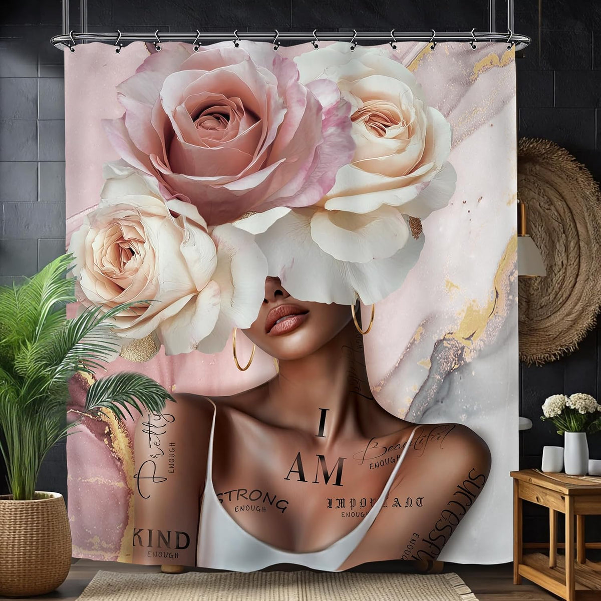African American Flower Rose Bathroom Shower Curtain 60W by 71H Inch Sexy Pink Black Girl Woman Marble Inspirational Motivational Positive Polyester 12 Plastic Hooks Waterproof Decor