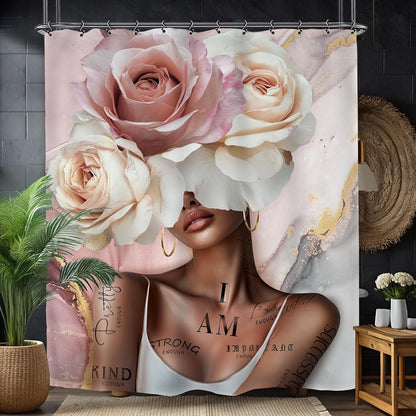 African American Flower Rose Bathroom Shower Curtain 60W by 71H Inch Sexy Pink Black Girl Woman Marble Inspirational Motivational Positive Polyester 12 Plastic Hooks Waterproof Decor