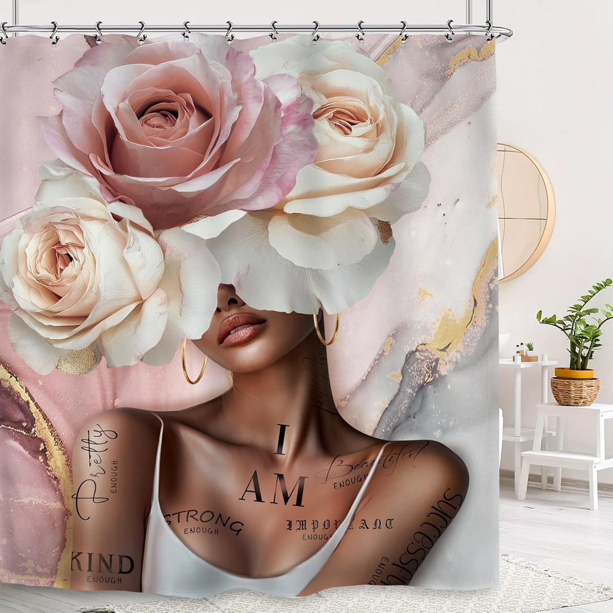 African American Flower Rose Bathroom Shower Curtain 60W by 71H Inch Sexy Pink Black Girl Woman Marble Inspirational Motivational Positive Polyester 12 Plastic Hooks Waterproof Decor