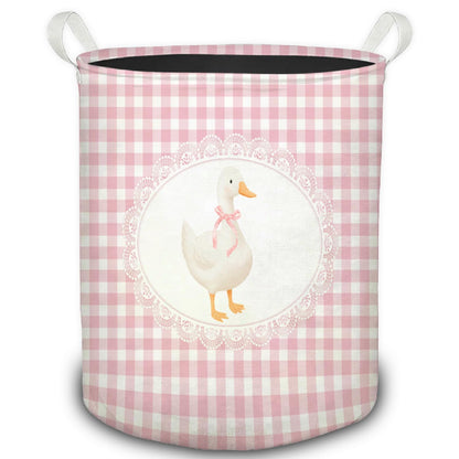 Pink Bow Goose Checkered Laundry Basket, Preppy Girly Goose Pink Gingham Plaid Foldable Laundry Hamper With Handles Clothes Toys Storage Basket for Girls Kids Room Nursery Bathroom