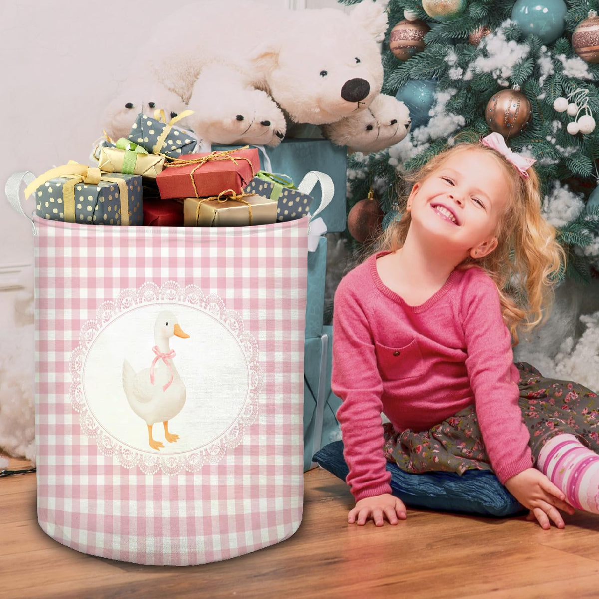 Pink Bow Goose Checkered Laundry Basket, Preppy Girly Goose Pink Gingham Plaid Foldable Laundry Hamper With Handles Clothes Toys Storage Basket for Girls Kids Room Nursery Bathroom