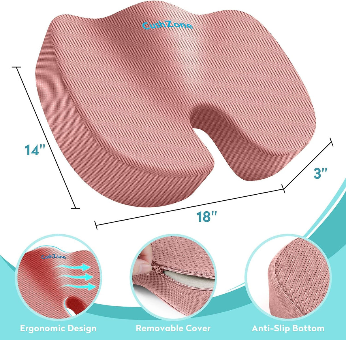 Gel Seat Cushion, Cooling Memory Foam Cushion for Office Chair, Pink