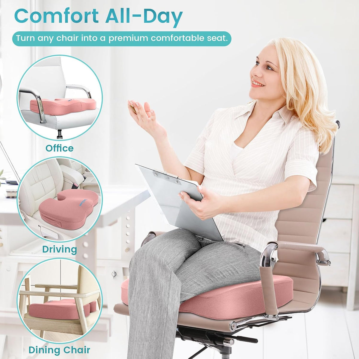 Gel Seat Cushion, Cooling Memory Foam Cushion for Office Chair, Pink