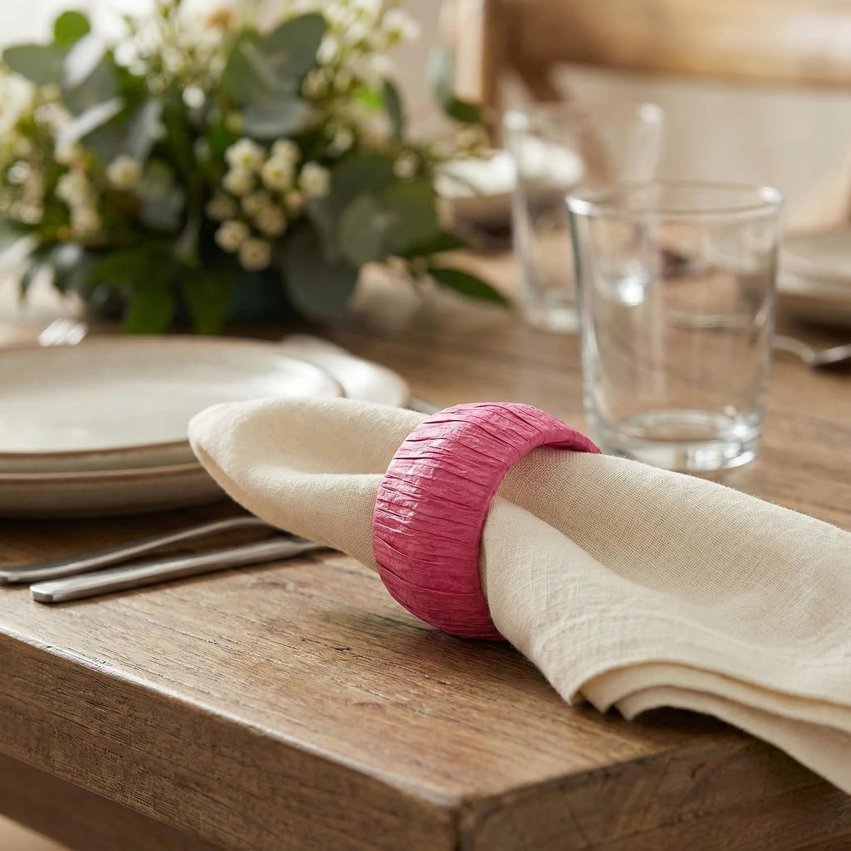 ™ Handmade Raffia Rattan Napkin Rings Pink Set of 12 Everyday Use Dining Party Tabletop Décor Gifts Napkin Holder 1.5 Inch in Size Artisan Crafted in India
