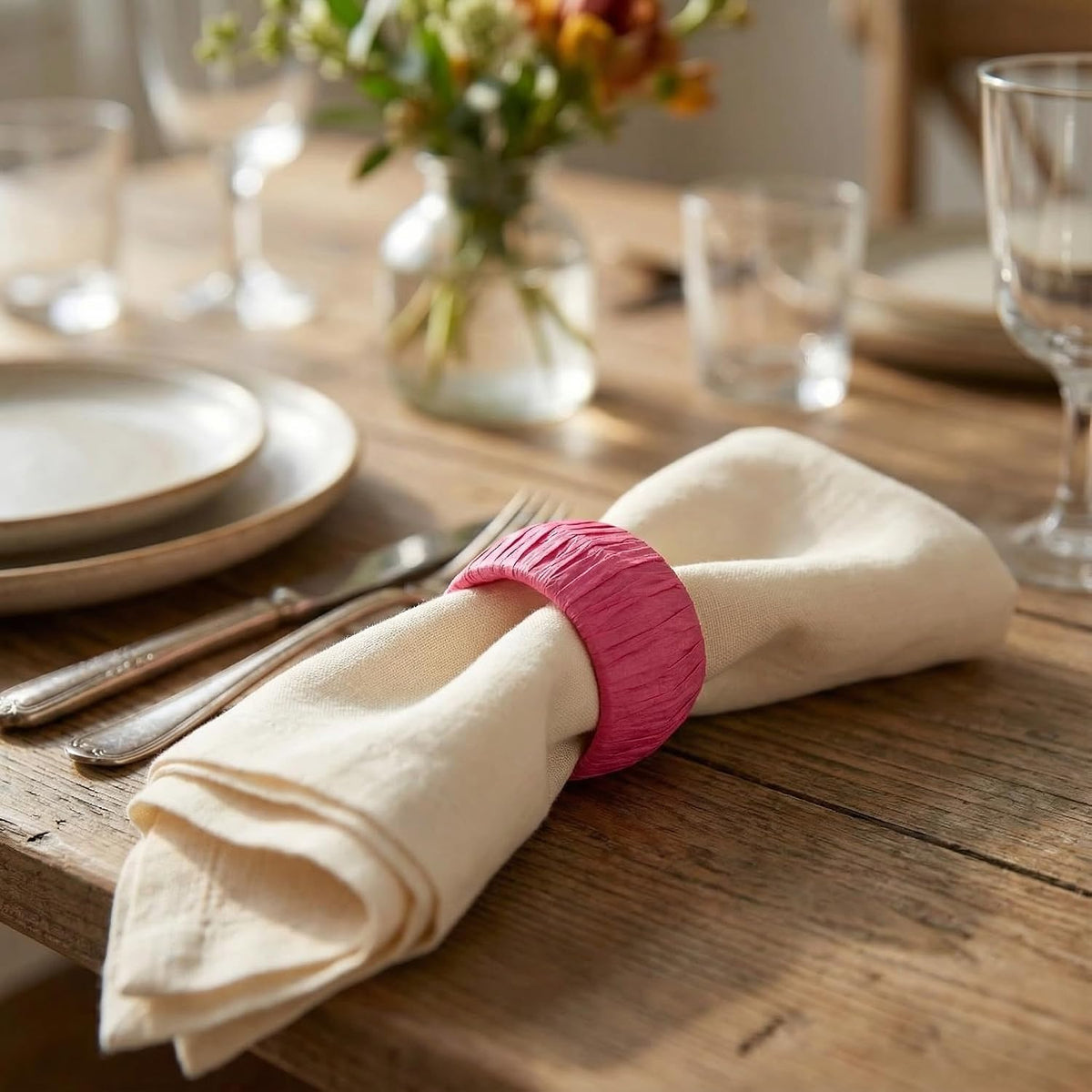 ™ Handmade Raffia Rattan Napkin Rings Pink Set of 12 Everyday Use Dining Party Tabletop Décor Gifts Napkin Holder 1.5 Inch in Size Artisan Crafted in India