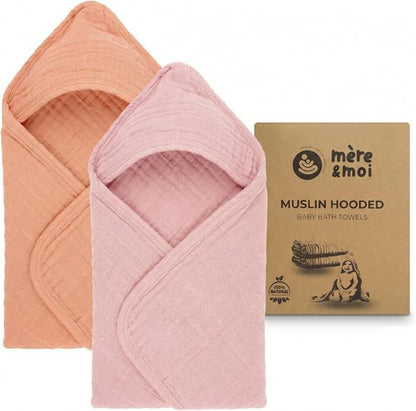 Muslin Hooded Baby Bath Towel – 2 Pack, Pink & Peach - 30", Soft Cotton, Absorbent, Quick-Dry, Oeko-TEX, Pool-Water, Newborn-Toddler Care