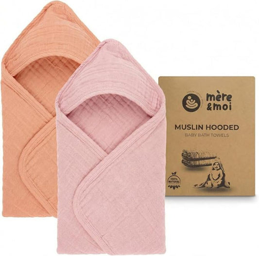 Muslin Hooded Baby Bath Towel – 2 Pack, Pink & Peach - 30", Soft Cotton, Absorbent, Quick-Dry, Oeko-TEX, Pool-Water, Newborn-Toddler Care