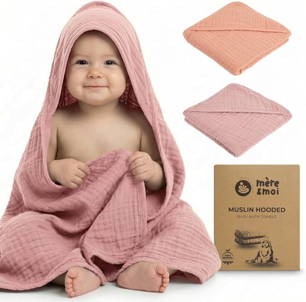 Muslin Hooded Baby Bath Towel – 2 Pack, Pink & Peach - 30", Soft Cotton, Absorbent, Quick-Dry, Oeko-TEX, Pool-Water, Newborn-Toddler Care