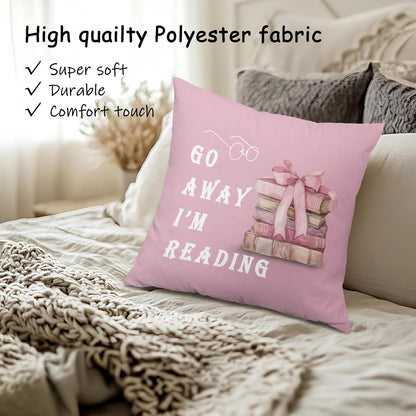 Coquette Pink Bow Book Throw Pillow Covers 18x18, Reading Nook Room Decor, Book Lover Reader Gifts Decorative Pillow Covers for Reading Corner Library Home Bedroom