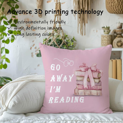 Coquette Pink Bow Book Throw Pillow Covers 18x18, Reading Nook Room Decor, Book Lover Reader Gifts Decorative Pillow Covers for Reading Corner Library Home Bedroom