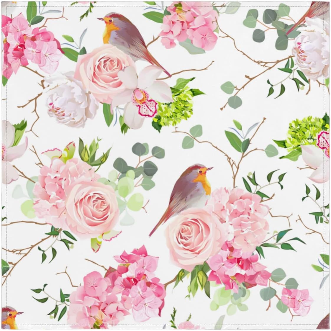 Pink Rose Little Bird Cloth Napkins Soft Table Flower Floral Dinner Napkins Set of 6 with Hemmed Edges for Family Dinners Weddings Banquets Parties