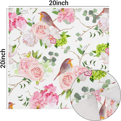 Pink Rose Little Bird Cloth Napkins Soft Table Flower Floral Dinner Napkins Set of 6 with Hemmed Edges for Family Dinners Weddings Banquets Parties