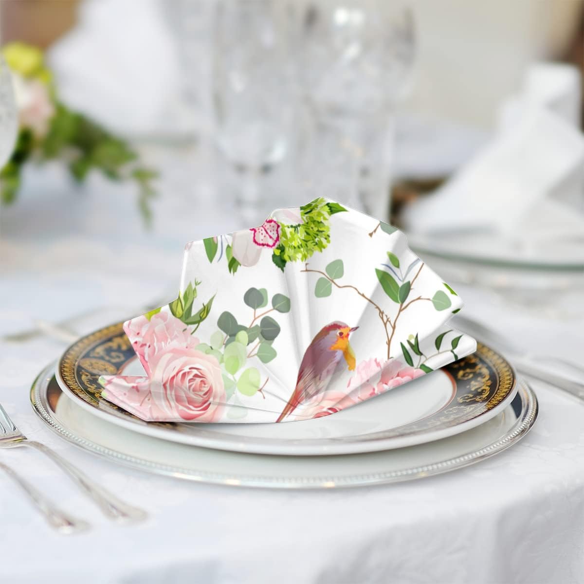 Pink Rose Little Bird Cloth Napkins Soft Table Flower Floral Dinner Napkins Set of 6 with Hemmed Edges for Family Dinners Weddings Banquets Parties