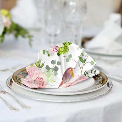 Pink Rose Little Bird Cloth Napkins Soft Table Flower Floral Dinner Napkins Set of 6 with Hemmed Edges for Family Dinners Weddings Banquets Parties