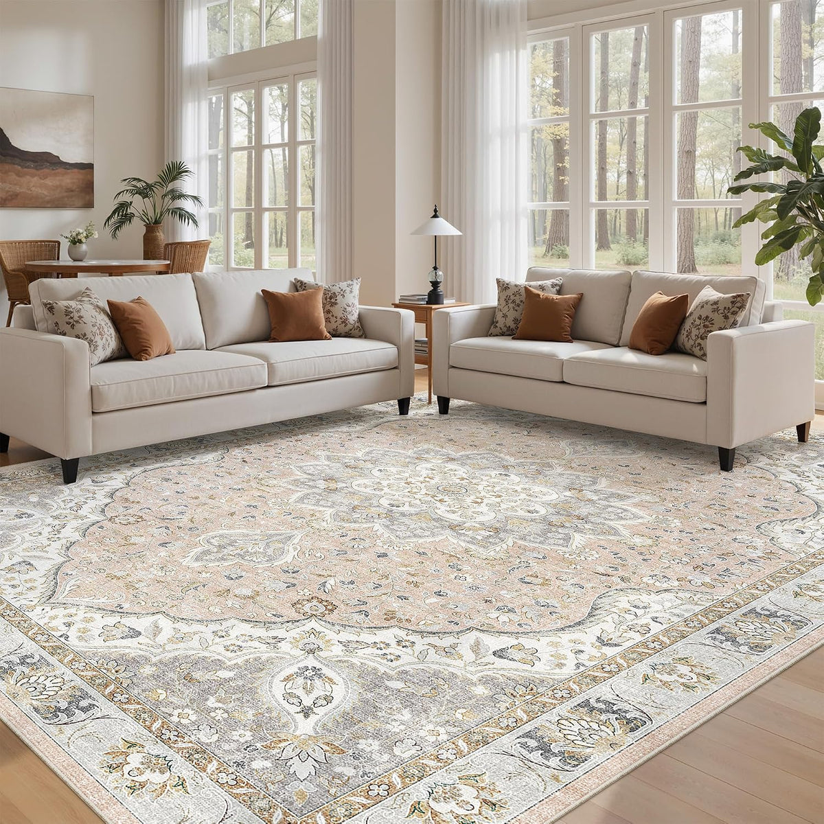 8x10 Area Rugs for Living Room, Washable Vintage Non Slip Rug Pink