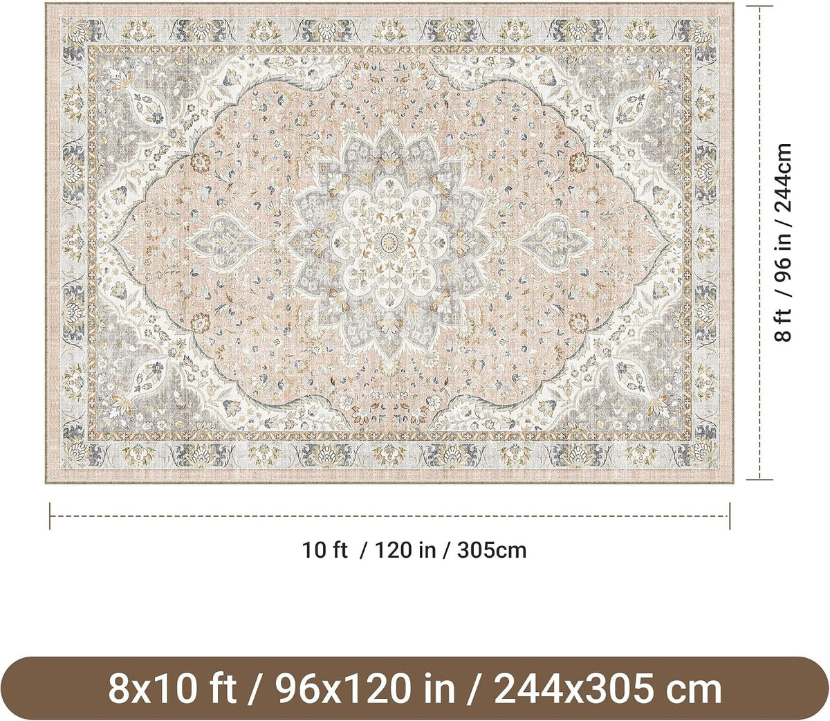 8x10 Area Rugs for Living Room, Washable Vintage Non Slip Rug Pink
