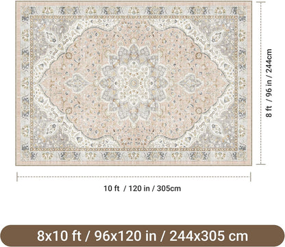 8x10 Area Rugs for Living Room, Washable Vintage Non Slip Rug Pink