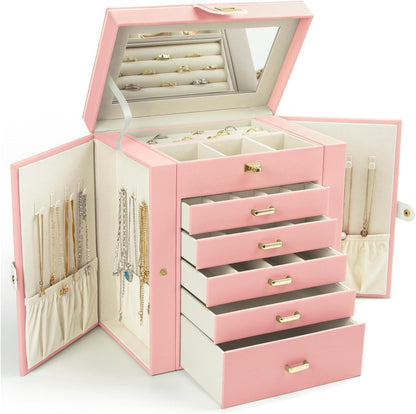 Jewelry Box for Women, 6-Layer Large Jewelry Organizer Box with Mirror & 5 Drawers for Rings, Earrings, Necklaces, Bracelets,Pink