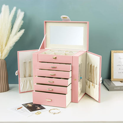 Jewelry Box for Women, 6-Layer Large Jewelry Organizer Box with Mirror & 5 Drawers for Rings, Earrings, Necklaces, Bracelets,Pink