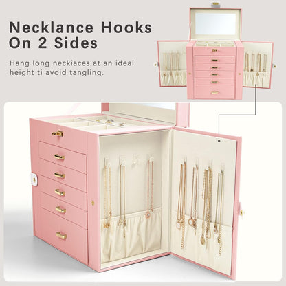 Jewelry Box for Women, 6-Layer Large Jewelry Organizer Box with Mirror & 5 Drawers for Rings, Earrings, Necklaces, Bracelets,Pink