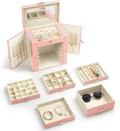 Jewelry Box for Women, 6-Layer Large Jewelry Organizer Box with Mirror & 5 Drawers for Rings, Earrings, Necklaces, Bracelets,Pink