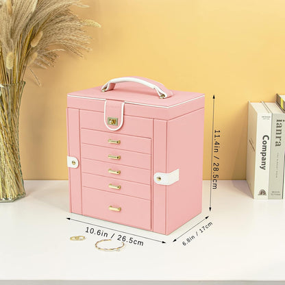 Jewelry Box for Women, 6-Layer Large Jewelry Organizer Box with Mirror & 5 Drawers for Rings, Earrings, Necklaces, Bracelets,Pink