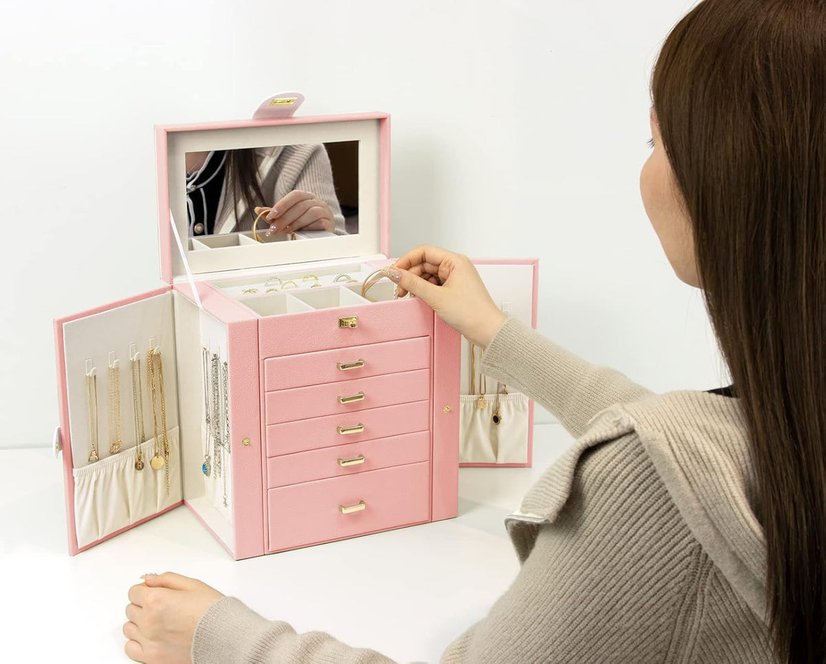Jewelry Box for Women, 6-Layer Large Jewelry Organizer Box with Mirror & 5 Drawers for Rings, Earrings, Necklaces, Bracelets,Pink