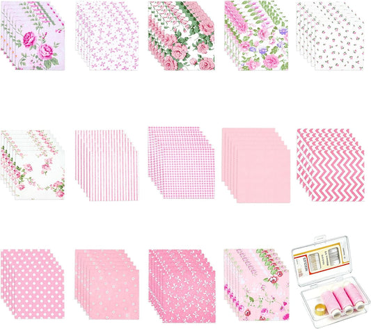 84 Pcs Charm Packs for Quilting 5 Inch Pink Precut Fabric Squares | Floral Cotton Fabric, For Sewing DIY Crafts Patchwork, With Needle and Thread Box