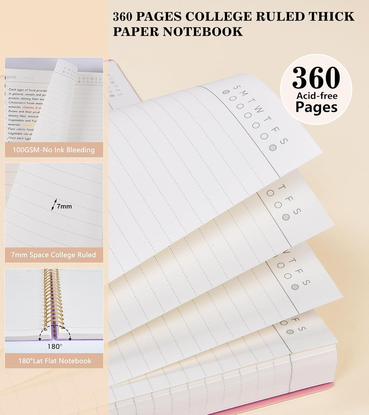 Pink Spiral Notebook Journal,360 Pages College Ruled Notebook, Lined Thick Journals for Women Men,A5 Thick Spiral Journal for Writing,100GSM Paper, Spiral Notebooks for Work School 5.5"x8.5"