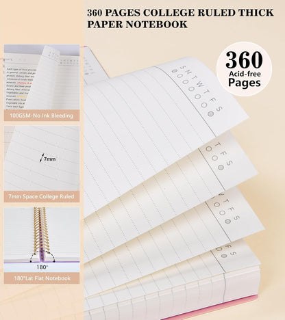 Pink Spiral Notebook Journal,360 Pages College Ruled Notebook, Lined Thick Journals for Women Men,A5 Thick Spiral Journal for Writing,100GSM Paper, Spiral Notebooks for Work School 5.5"x8.5"
