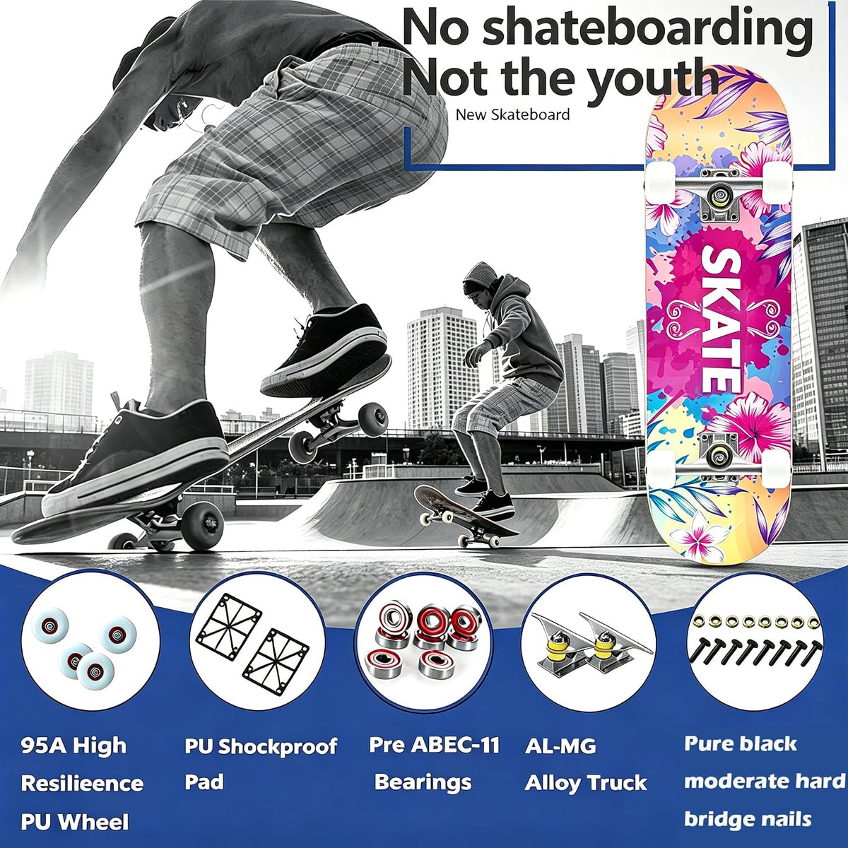 Standard Skateboards for Beginners Kids Boys Girls Youths Adults Starter-Complete Skate Boards 31''x 8'' Maple Wood Skateboard