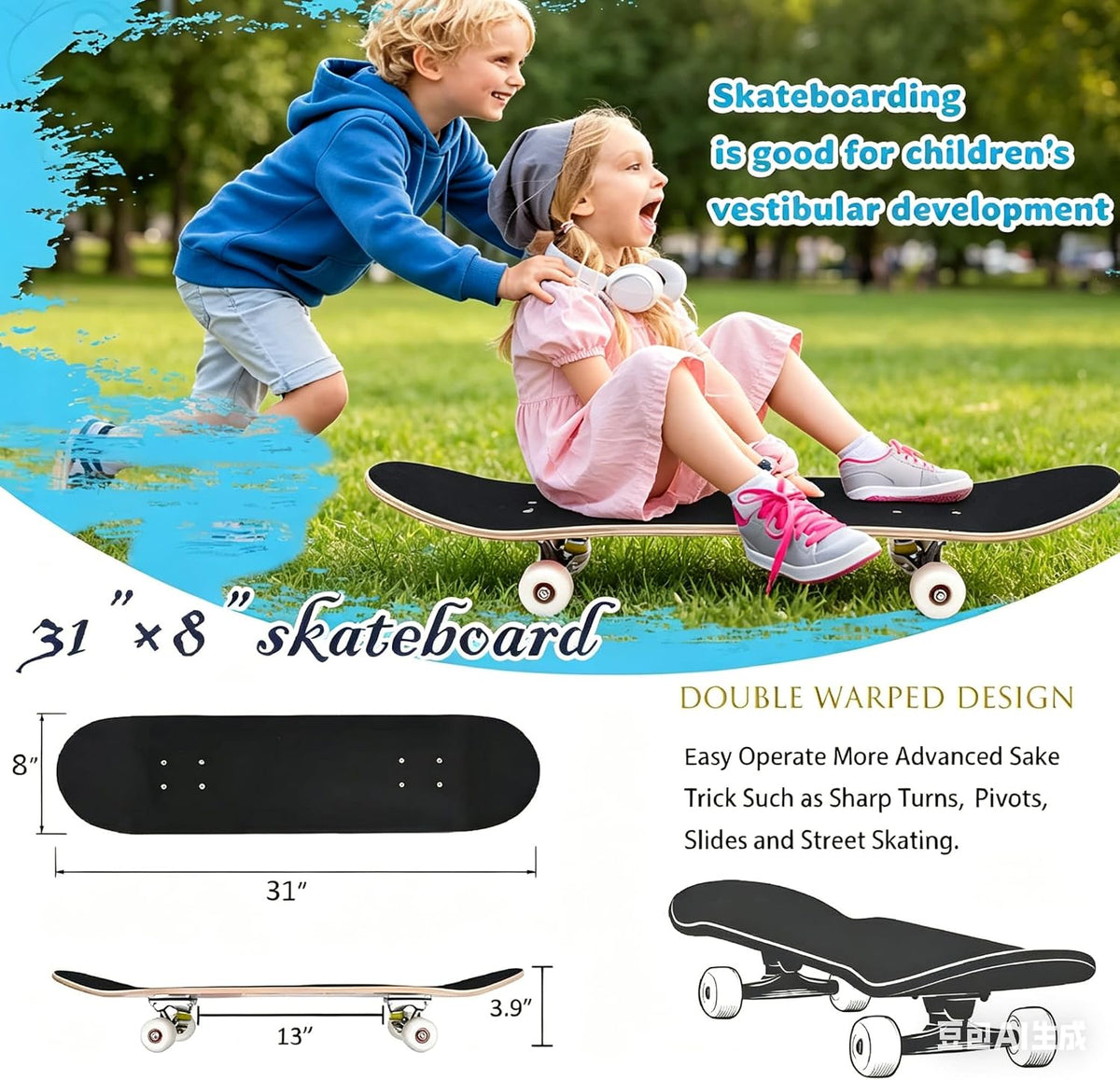 Standard Skateboards for Beginners Kids Boys Girls Youths Adults Starter-Complete Skate Boards 31''x 8'' Maple Wood Skateboard