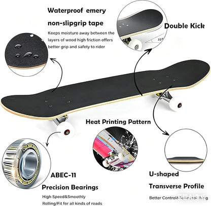 Standard Skateboards for Beginners Kids Boys Girls Youths Adults Starter-Complete Skate Boards 31''x 8'' Maple Wood Skateboard