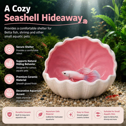 Aquarium Decorations Cave Hideout for Betta Fish Shrimp Tank Seashell Pink | Hollow cave with open entry