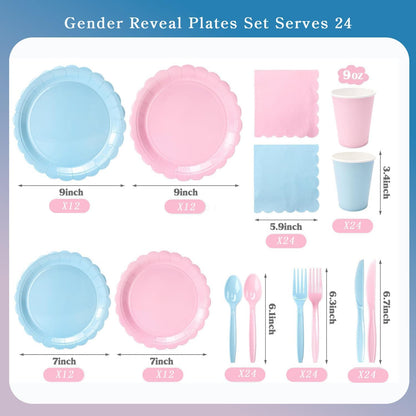 168 Pcs Baby Gender Reveal Plates and Napkins, Tableware set for 24 Guest | 9" Pink Blue Plates, 7" Dessert Plates for Boy or Girl Gender Reveal Party