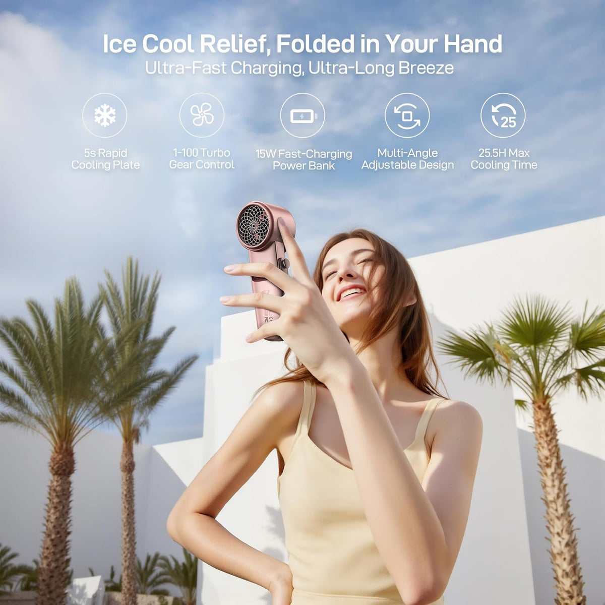 Portable Handheld Fan with Ice Cooler - 25H Runtime, Rechargeable 6800mAh Personal Turbo Fan with Power Bank, Fast Charging, 0-100 Speed, Gifts for Women, Summer Travel Essentials, Rose Gold