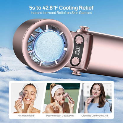 Portable Handheld Fan with Ice Cooler - 25H Runtime, Rechargeable 6800mAh Personal Turbo Fan with Power Bank, Fast Charging, 0-100 Speed, Gifts for Women, Summer Travel Essentials, Rose Gold