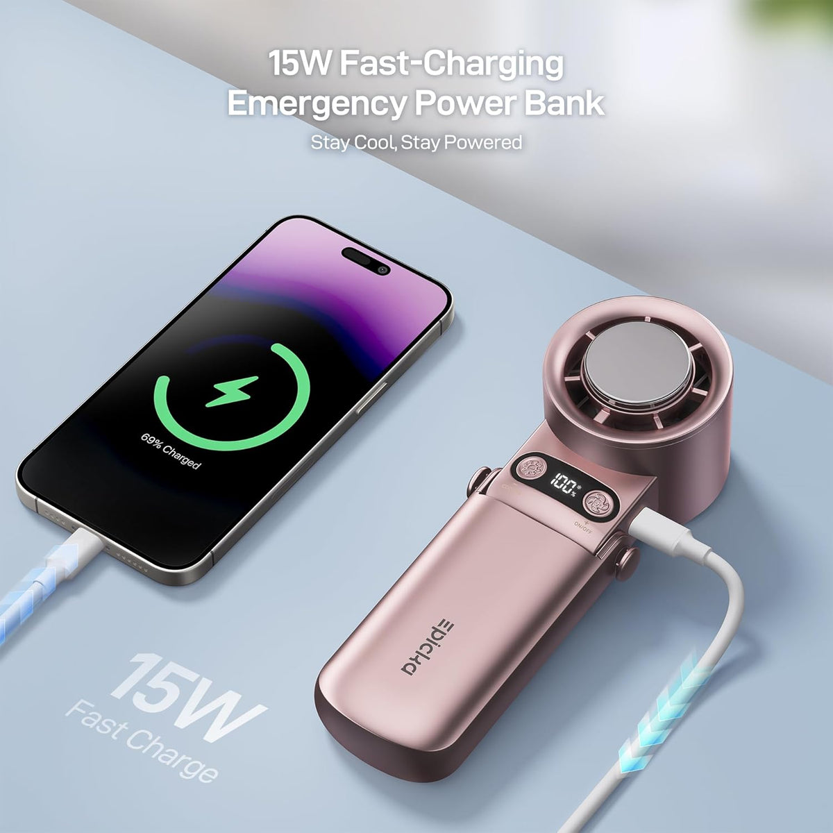 Portable Handheld Fan with Ice Cooler - 25H Runtime, Rechargeable 6800mAh Personal Turbo Fan with Power Bank, Fast Charging, 0-100 Speed, Gifts for Women, Summer Travel Essentials, Rose Gold