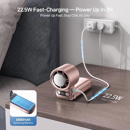 Portable Handheld Fan with Ice Cooler - 25H Runtime, Rechargeable 6800mAh Personal Turbo Fan with Power Bank, Fast Charging, 0-100 Speed, Gifts for Women, Summer Travel Essentials, Rose Gold