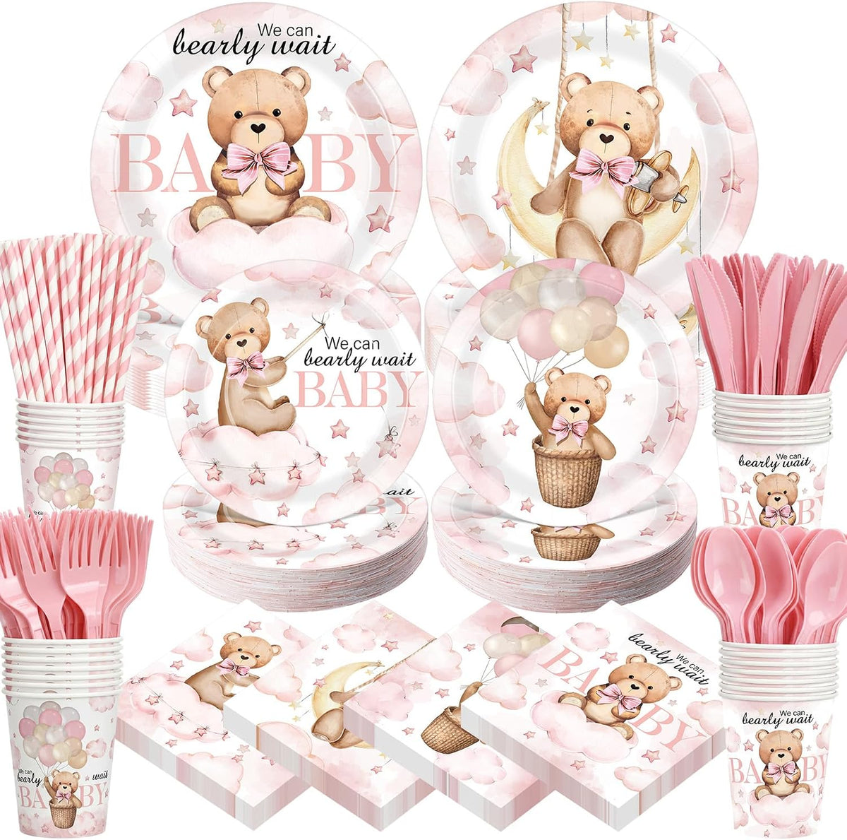 450 Pcs Pink Bear Baby Shower Tableware Set Decorations, Serves 50