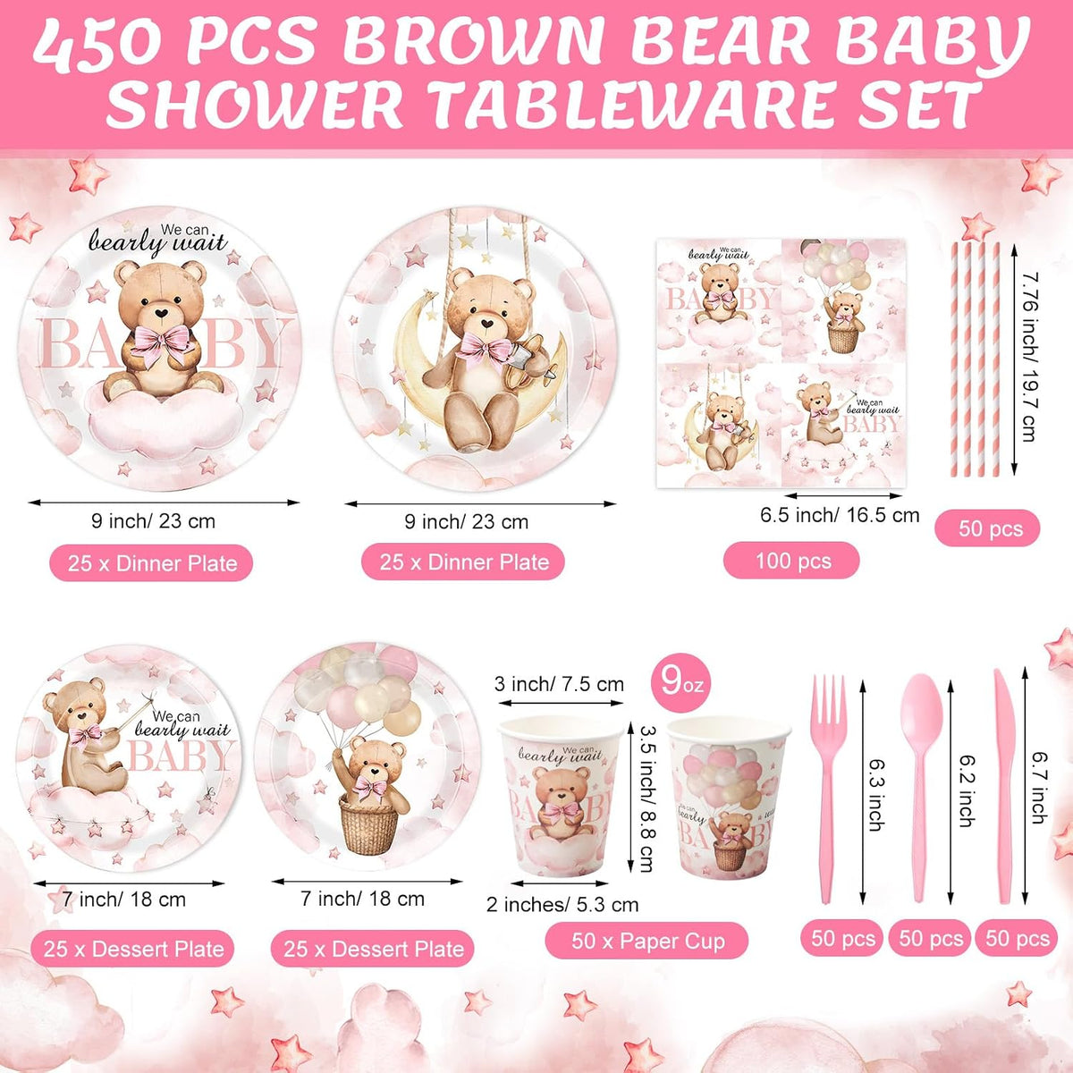 450 Pcs Pink Bear Baby Shower Tableware Set Decorations, Serves 50