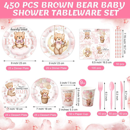 450 Pcs Pink Bear Baby Shower Tableware Set Decorations, Serves 50