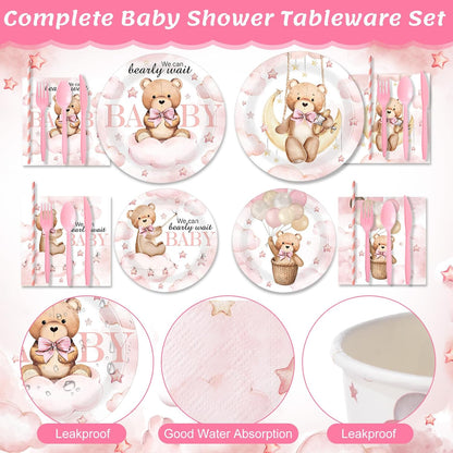 450 Pcs Pink Bear Baby Shower Tableware Set Decorations, Serves 50