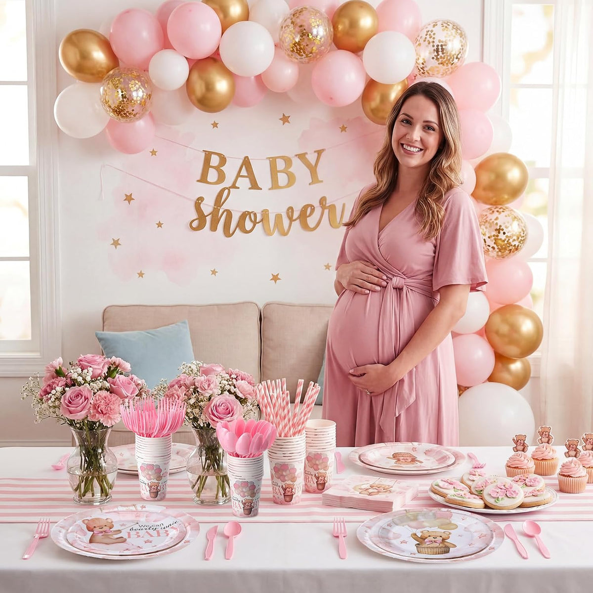 450 Pcs Pink Bear Baby Shower Tableware Set Decorations, Serves 50