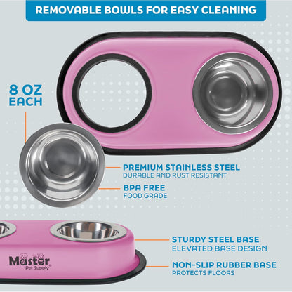 Double Dog Bowls Set with Elevated Base and 2 (8 oz) Stainless Steel Removable Dishes (Hyper Pink) – Double Cat Food Water Bowl, Dog Puppy Food Bowl Set, Rust Resistant