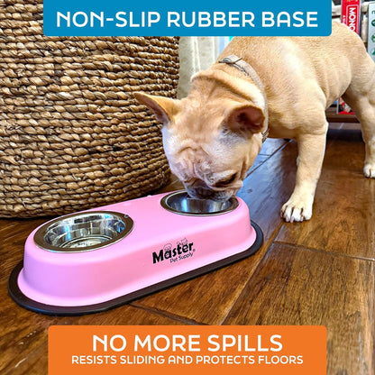 Double Dog Bowls Set with Elevated Base and 2 (8 oz) Stainless Steel Removable Dishes (Hyper Pink) – Double Cat Food Water Bowl, Dog Puppy Food Bowl Set, Rust Resistant