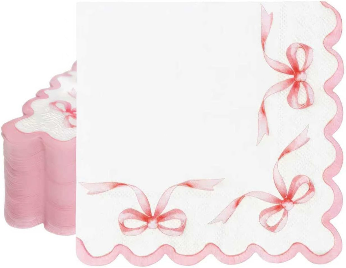 2-Ply Coquette Pink Bow Napkins, 6.5" Scalloped 50 Pack, Pink Bow Disposable Paper Napkins for Baby Shower, Birthday, Baptism, Bridal Shower, Graduation, Pink Bow Themed Party Table Decorations