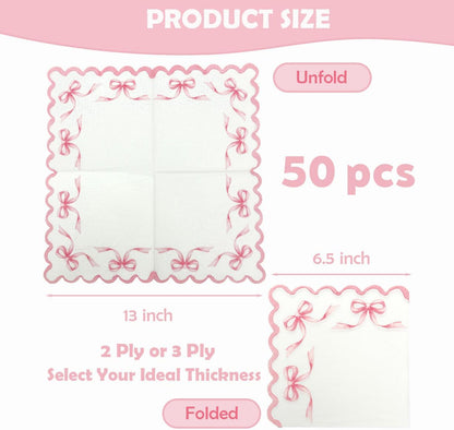 2-Ply Coquette Pink Bow Napkins, 6.5" Scalloped 50 Pack, Pink Bow Disposable Paper Napkins for Baby Shower, Birthday, Baptism, Bridal Shower, Graduation, Pink Bow Themed Party Table Decorations